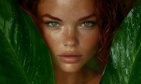 Young woman with freckles, red hair and green eyes surrounded by tropical green leaves, creating natural beauty portrait with striking contrast.