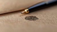 Black fingerprint mark on beige textured paper with fountain pen in soft focus background, suggesting crime investigation, forensic evidence or personal identity concept.