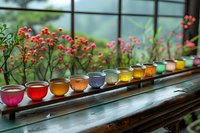 Colorful tea cups arranged in rainbow gradient on wooden windowsill with blooming flowers outside, perfect for wellness, meditation and mindfulness lifestyle blogs and social media content.