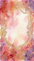 Ornate golden filigree frame with heart motifs on watercolor gradient background in pink, purple, and gold tones, isolated on white space for greeting cards, invitations, and romantic design projects.