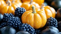 Fresh orange mini pumpkins arranged with ripe blackberries creating seasonal autumn composition with contrasting colors and textures on dark background.