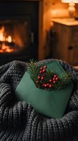 Green gift box with red berries and pine branches on cozy knitted blanket near warm fireplace creating festive holiday atmosphere for seasonal celebrations.