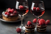 Chocolate mini cakes with fresh raspberries served with red wine glasses on dark background. Romantic dessert setting with elegant drinks and sweet treats.