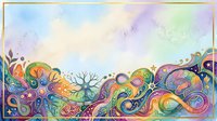 Young woman with long flowing hair, wearing a colorful bohemian dress, stands in a vibrant psychedelic landscape with swirling patterns and abstract botanical elements in warm and cool tones.