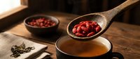 Wooden spoon adding dried goji berries to herbal tea cup on rustic table with traditional Chinese medicine ingredients for wellness and nutrition.
