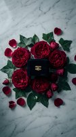 Elegant burgundy roses arranged around black velvet ring box on white marble surface with scattered petals for romantic proposal or wedding concepts.