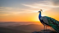 Majestic peacock with vibrant blue and green plumage standing on rocky outcrop against golden sunset sky and mountain silhouettes in background.