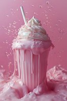 Pink strawberry milkshake with whipped cream and straw against pink background, with dripping sides and floating droplets creating dynamic splash effect.