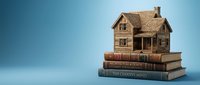Miniature wooden house model sitting on stack of old books against blue gradient background representing education, knowledge and home ownership concepts.