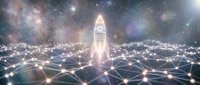 Glowing rocket launching from digital network grid with connected nodes and stars, representing innovation, technology growth, and startup success for business concepts.
