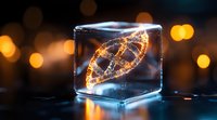 Glowing DNA molecule structure trapped in glass cube with bokeh lights background creates futuristic scientific atmosphere for genetics and biotechnology concepts.