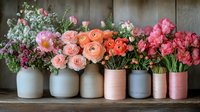 Fresh spring flowers in ceramic and wrapped vases arranged in row, featuring ranunculus, roses and mixed blooms in coral, pink and peach tones on wooden shelf.