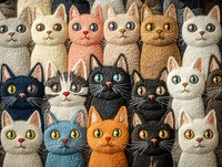 Colorful cat faces pattern with wide-eyed felines in different colors arranged in rows, featuring detailed embroidered texture and whimsical expressions. Seamless repeat design.