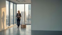 Professional businesswoman standing by floor-to-ceiling windows in modern office with city skyline view during golden hour for corporate presentations.