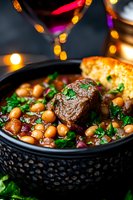 Tender beef stew with chickpeas and fresh herbs in black ceramic bowl, garnished with parsley. Cozy dinner setting with warm bokeh lights in background.