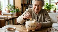 Senior Caucasian man in beige sweater putting coin into pension piggy bank at home table with books and plants. Retirement savings and financial planning.