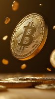 Golden cryptocurrency coin floating against dark background with blurred coins, dramatic lighting highlights digital currency symbol and details.