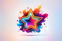 Vibrant multicolored star shape with neon glow effect floating on abstract splash background in blue, orange and purple colors. Dynamic modern design element.