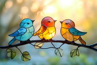 Colorful stained glass birds perched on branch with green leaves against soft bokeh background, decorative suncatcher design in blue, orange and yellow tones.