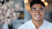 Young Asian professional man with glasses smiling warmly at camera. Natural bokeh background with soft lighting and cherry blossoms creates welcoming business portrait.