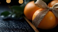 Fresh orange citrus fruits decorated with sparkling golden ribbon bow on dark background with glitter and bokeh lights, festive holiday composition.