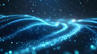 Glowing blue waves of light with sparkling particles flow through dark space creating dynamic motion effect and abstract technological background.