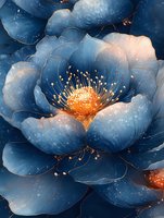 Luminous navy blue peony bloom with golden center and delicate stamens, featuring soft glowing petals and ethereal sparkles against dark background.