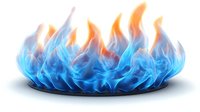 Bright blue and orange flames creating mystical burning effect on white background, isolated design element for creative projects and digital artworks.