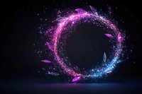 Magical glowing circle with pink and blue particles and floating feathers creating mystical portal effect on dark background. Suitable for fantasy designs.