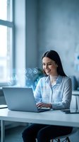 Young Hispanic businesswoman working on laptop with digital holographic interface icons in modern office environment for technology and business concepts.