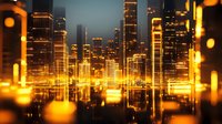 Illuminated city skyline at dusk with golden lights reflecting on water surface, creating a dramatic urban landscape for business and finance concepts.