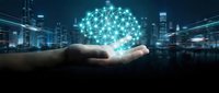 Hand holding glowing digital brain network above cityscape, representing artificial intelligence, technology innovation, and smart business solutions for corporate applications.