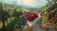 Fresh ripe red cherries in farmer's hand against blurred orchard background, sunlit morning harvest scene with bokeh effect and natural lighting.