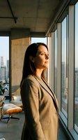 Professional woman in beige blazer gazing out floor-to-ceiling windows in modern high-rise office with concrete ceiling and city skyline view. Corporate leadership and ambition concept.