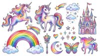 Unicorn and rainbow isolated clipart set with castle, stars, clouds, butterfly, and magical elements on transparent background. Suitable for children's designs, t-shirts, and creative projects.