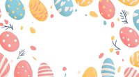 Colorful Easter eggs with decorative patterns in pastel blue, pink, and yellow tones arranged in circular border frame with small branches and confetti elements.