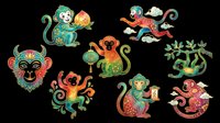 Colorful decorative monkeys with ornamental patterns, isolated on transparent background. Ready for t-shirt design, clipart, stickers, sublimation, print-on-demand products and digital crafts.