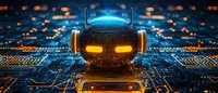 Futuristic robot head with glowing eyes on circuit board background illuminated by blue and orange lights, representing artificial intelligence technology.