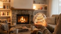 Cozy living room interior with vintage Edison bulb, warm fireplace glow, comfortable armchair and bookshelves creating relaxing home atmosphere for winter evenings.