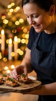 Smiling middle-aged Caucasian woman in apron preparing festive appetizers on wooden board with warm Christmas tree lights creating cozy holiday atmosphere.