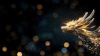 Mystical golden dragon head with intricate metallic scales emerging from darkness against blurred bokeh lights background, creating dramatic fantasy atmosphere.