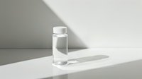 Clear glass of pure water casting dramatic shadow on white surface in minimalist composition with natural sunlight creating artistic geometric shapes.