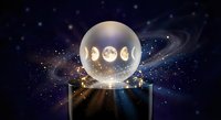 Mystical crystal ball displaying lunar phases against starry cosmic background with magical lighting effects for spiritual and astrology concepts.