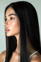 Profile portrait of young Asian woman with long straight black hair, glowing skin, and natural makeup against soft green background. Professional beauty shot.