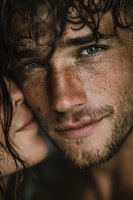 Close-up portrait of handsome young Caucasian man with freckles, green eyes and wavy brown hair with natural lighting and shadow patterns on face.