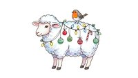 Cute white sheep decorated with colorful Christmas ornaments and robin bird on transparent background for holiday greeting cards and festive designs.