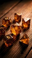 Amber translucent polyhedral dice set with golden numbers on wooden surface for tabletop gaming and role-playing adventures.