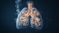 Glowing human lungs with bronchial tree illuminated in orange light against dark background, anatomical visualization showing respiratory system structure.