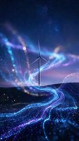 Wind turbine generating renewable energy under starry night sky with flowing digital light streams representing sustainable power and green technology innovation.
