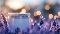 Glass jar among blooming lavender flowers at sunset with soft bokeh lights creating dreamy purple atmosphere, wellness and aromatherapy concept.